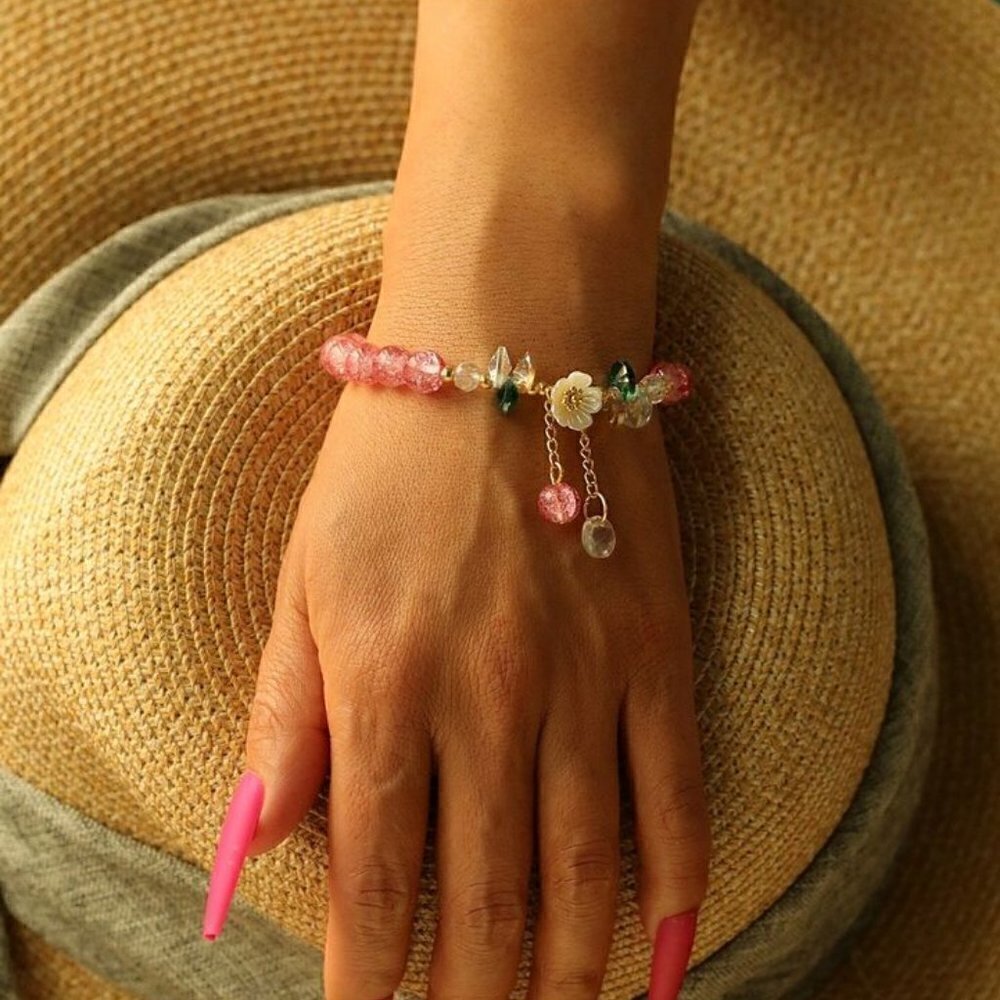 Flower Cracked Glass Bead Pink Bracelet